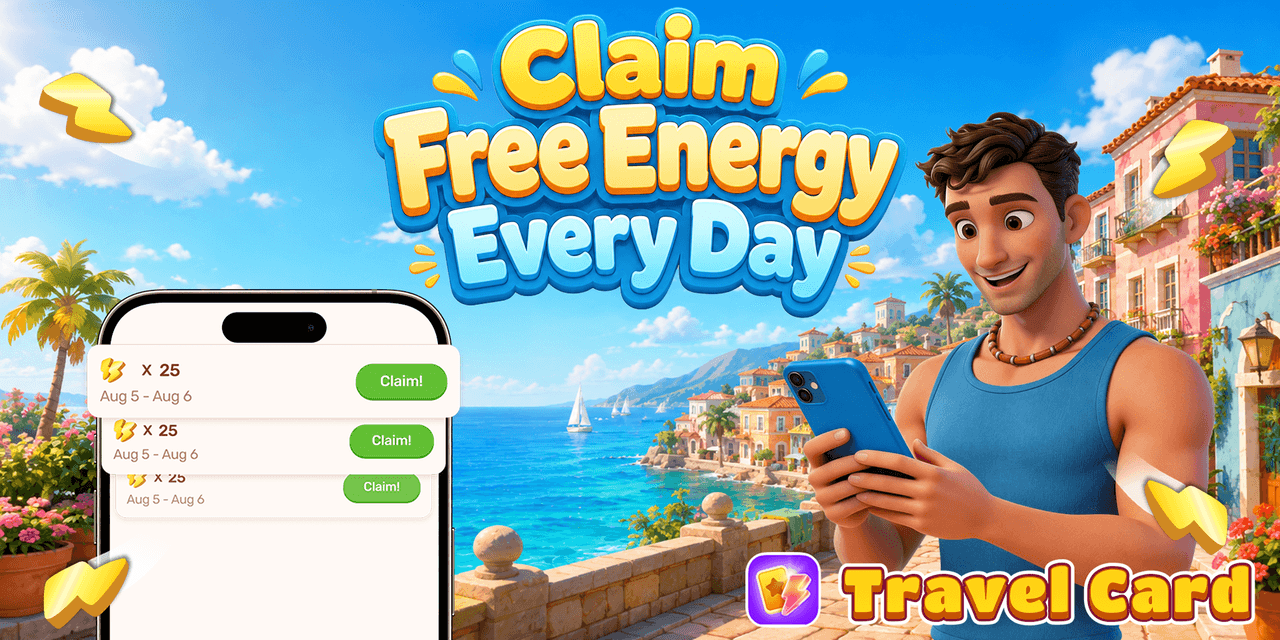Claim Travel Town free energy every day with the Travel Card app