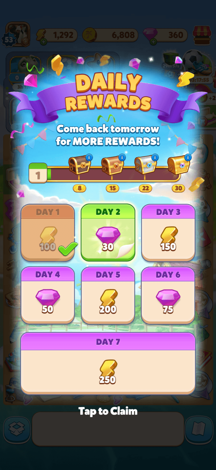 Travel Town Daily Rewards calendar with free energy rewards