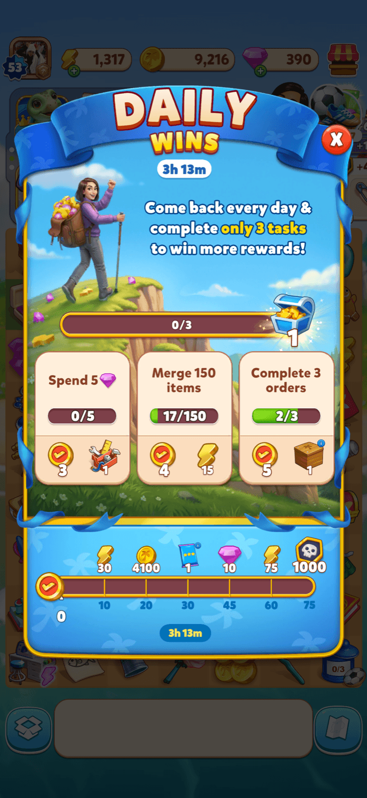 Travel Town Daily Wins tasks with free energy rewards