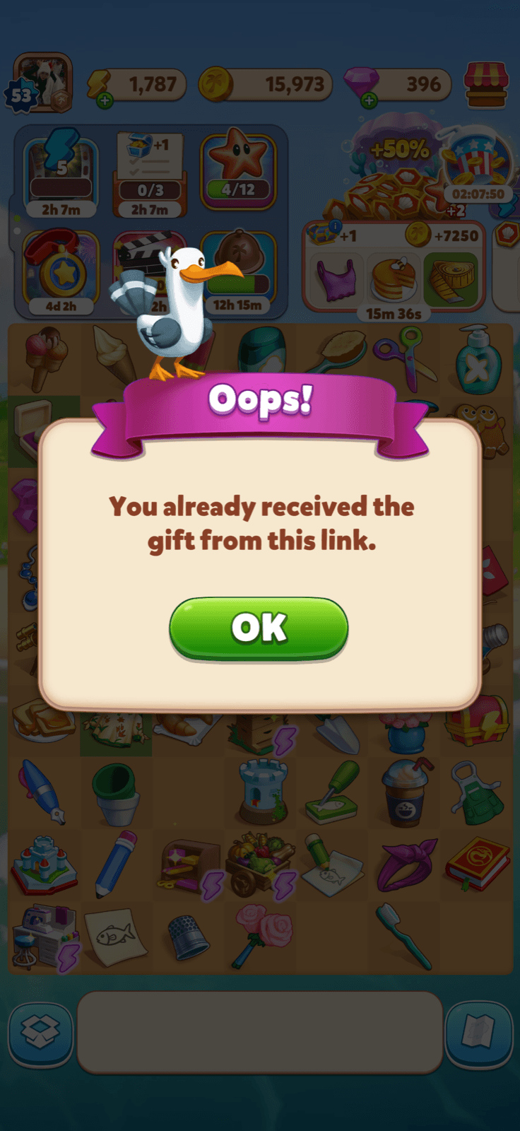 Travel Town popup showing the gift from this energy link was already received
