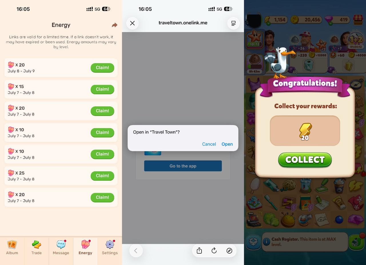 Travel Card app collecting Travel Town free energy links in one place